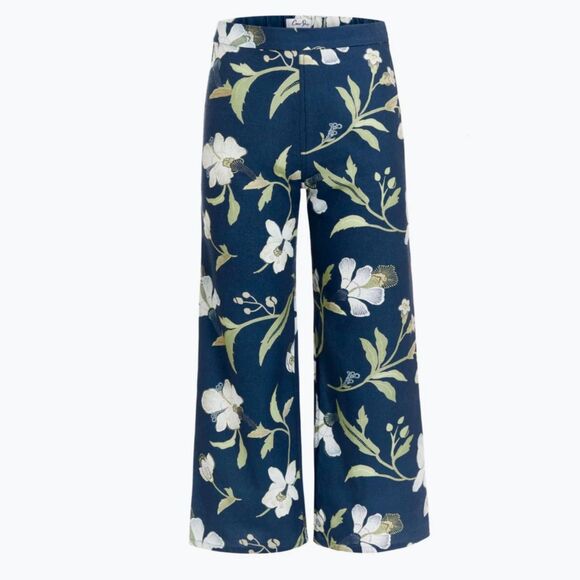 Coco Shop Pants - Coco Shop High-Waisted, Wide-Leg Pants in Navy Hibiscus 100% Cotton Size XS